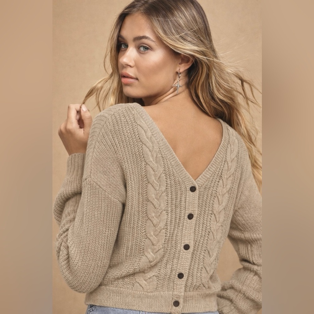 The Limited Cable Knit Beige Back Button V Neck Sweater XS